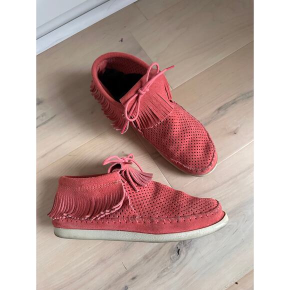 Minnetonka Pink/Coral Ankle Moccasin boots Womens size 8.5 Style Venice Booties - Picture 6 of 8